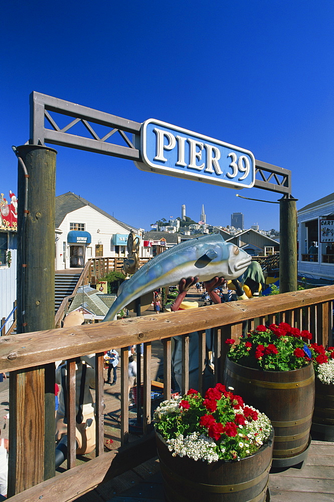 Sign for Pier 39, Fisherman's Wharf, with Coit Tower and Transamerica Pyramid on city skyline in the background, San Francisco, California, United States of America, North America