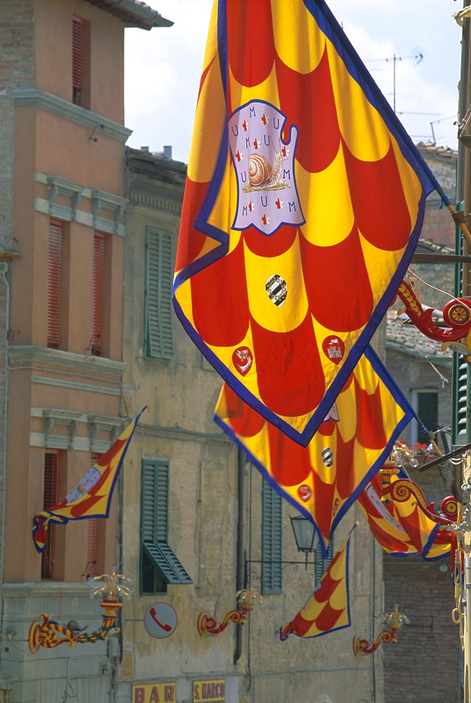 Flags and lamps of the Chiocciola (snail) contrada in the Via San Marco during the Palio, Siena, Tuscany, Italy, Europe