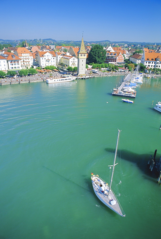 Birds eye view of the harbour on Lake Constance, from top of lighthouse, Lindau, Bavaria, Germany, Europe