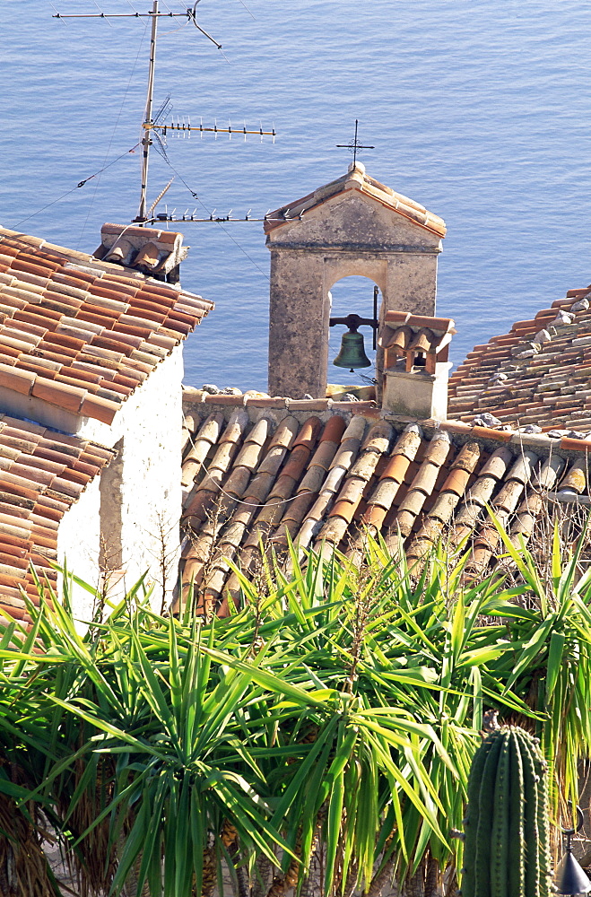 View over rooftops from the Jardin Exotique, Eze, Alpes-Maritimes, Cote d'Azur, French Riviera, Provence, France, Mediterranean, Europe