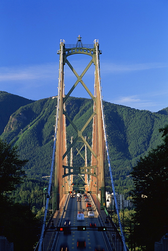 View northwards over the Lions Gate Bridge from Stanley Park, Vancouver, British Columbia (B.C.), Canada, North America