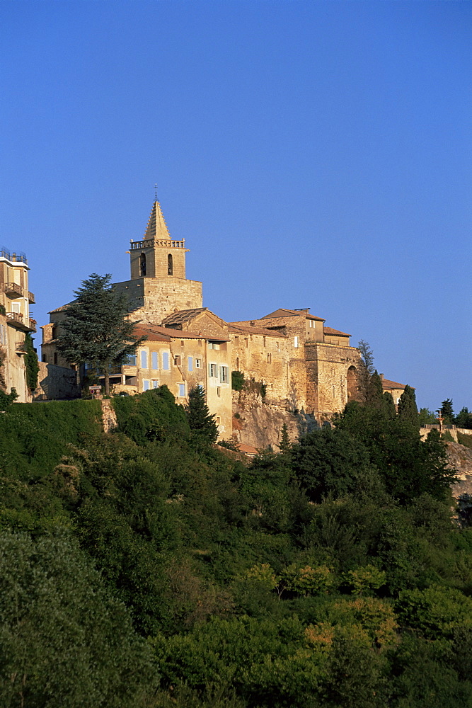 View to village houses and church in the early morning, Venasque, Vaucluse, Provence, France, Europe