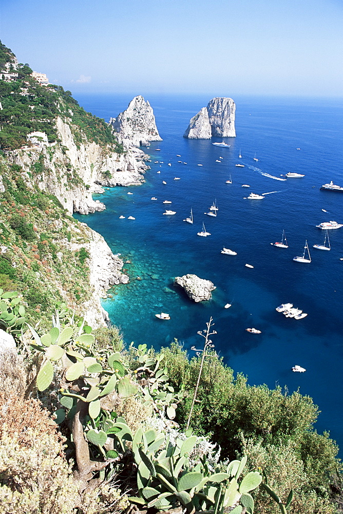 View over southern coast to the Faraglioni Rocks, island of Capri, Campania, Italy, Mediterranean, Europe