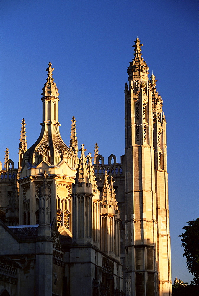 Golden spires of King's College at sunrise, Cambridge, Cambridgeshire, England, United Kingdom, Europe