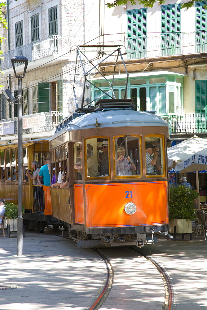 Colourful tram in Placa Constitucio, Soller, Mallorca, Balearic Islands, Spain, Mediterranean, Europe