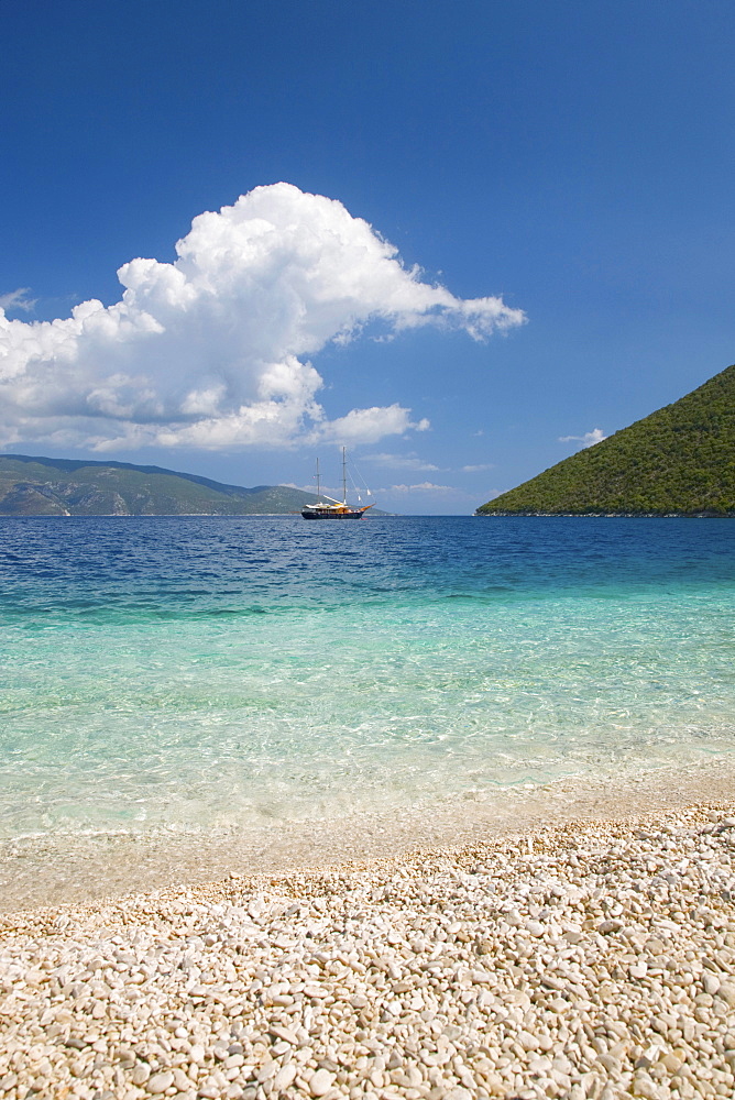 View from pebble beach across Antisamos Bay, Sami, Kefalonia (Kefallonia, Cephalonia), Ionian Islands, Greek Islands, Greece, Europe