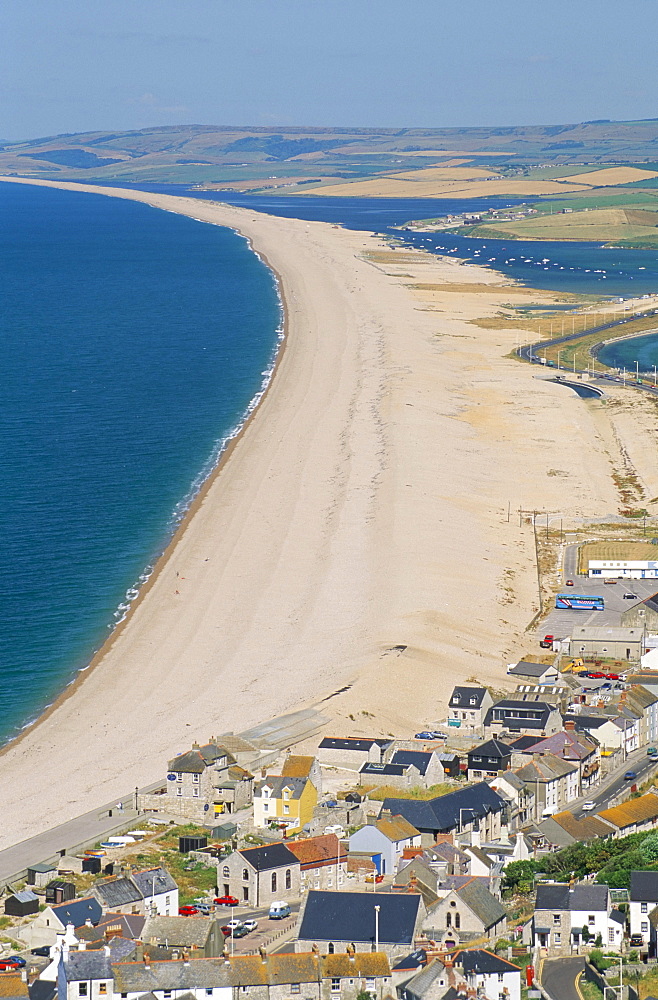 View of Chesil Beach from Portland, Dorset, England, United Kingdom, Europe