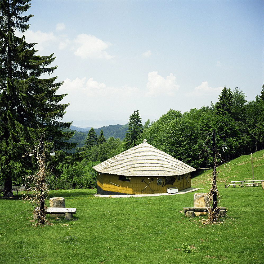 Typical wooden mountain dwelling, Bucegi Mountains, Romania, Europe