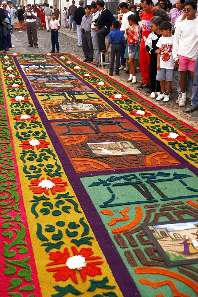 Sawdust rug or carpet on the street, Good Friday, Semana Santa, Antigua, Guatemala, Central America