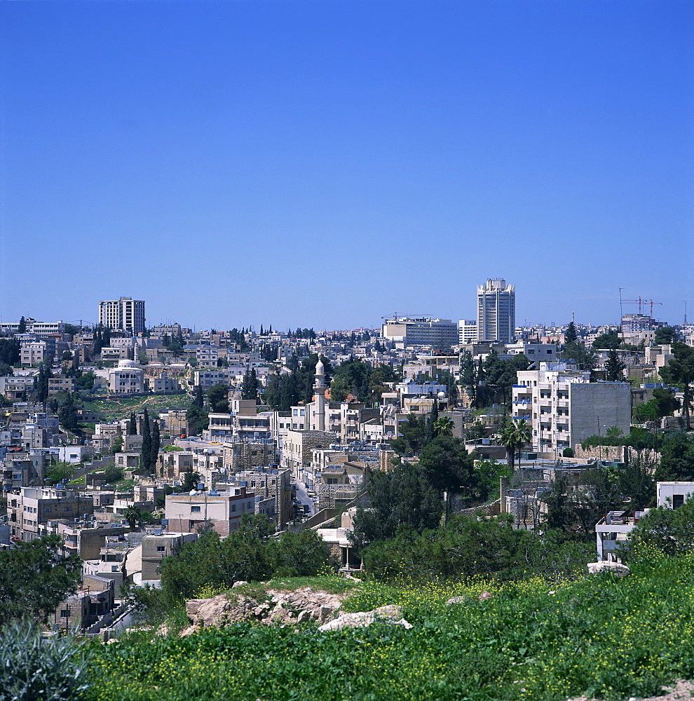 City skyline of Jebel Amman from the Citadel, including 2nd to 3rd Circle with Hotel Intercontinental and Jordan Tower, Amman, Jordan, Middle East