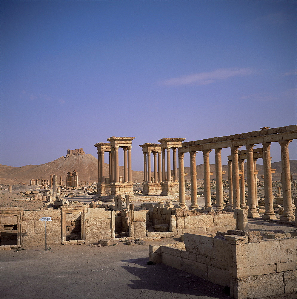 Graeco-Roman Tetrapylon and Qalaat Ibn Maan, 17th century Arab castle on hill behind, Palmyra, UNESCO World Heritage Site, Syria, Middle East