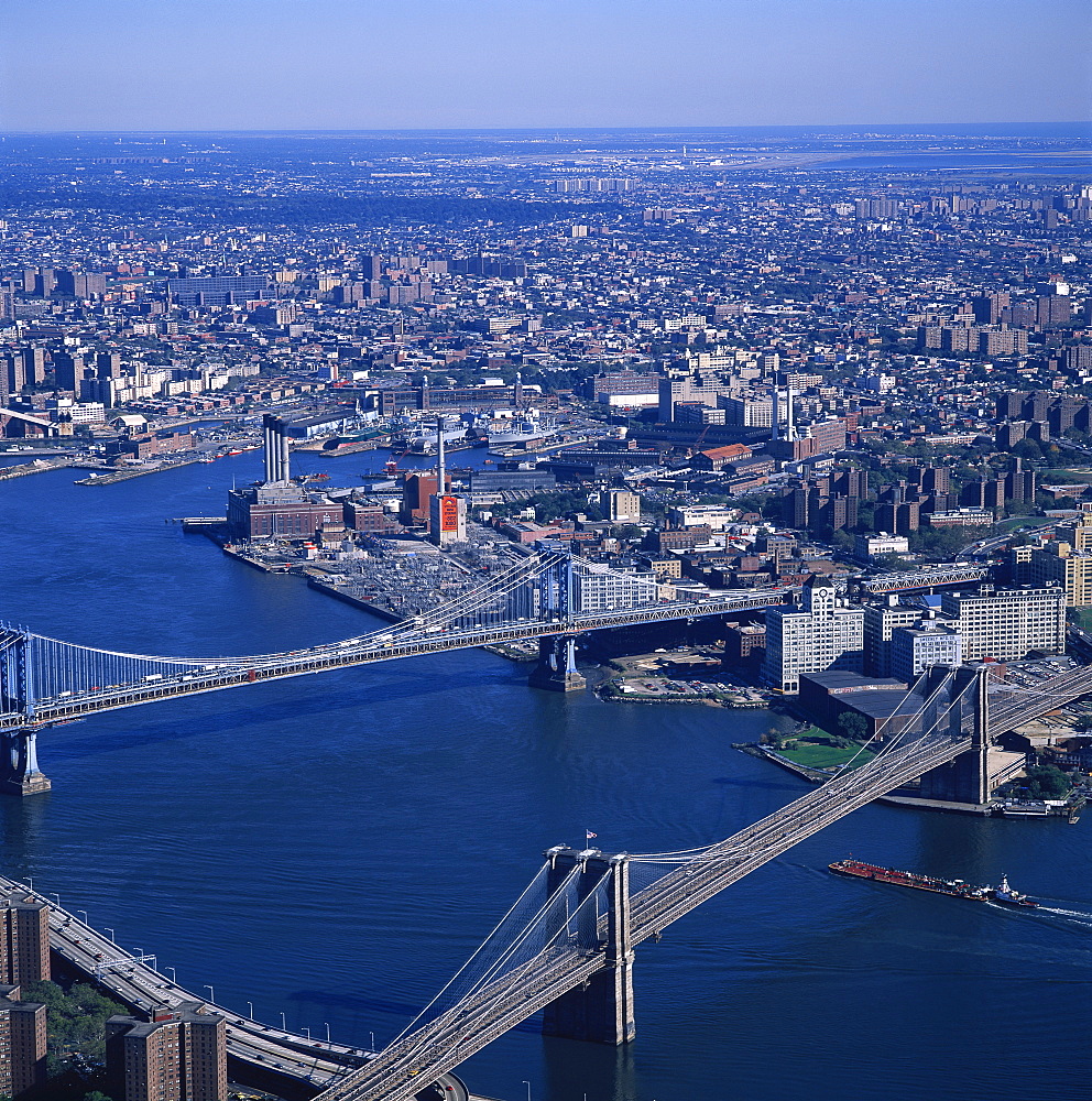 Aerial view taken before 2001, over Brooklyn Bridge, nearest, and Manhattan Bridge, from the 110th floor observatory of the World Trade Centre, Manhattan, New York City, United States of America, North America