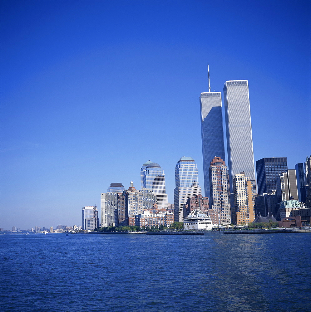 City skyline with Battery Park at the southern tip of Manhattan and the World Trade Center, 100 storeys, 1350 ft tall, opened 1970, destroyed in September 2001, in New York, United States of America, North America