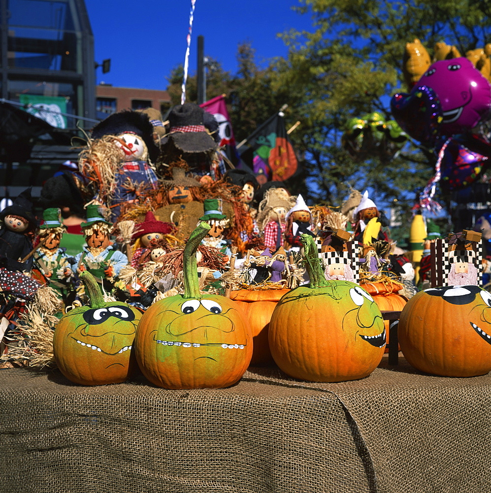 Decorated pumpkins on sale for Halloween, 31st October, in Faneuil Hall Marketplace, in Boston, Massachusetts, New England, United States of America, North America