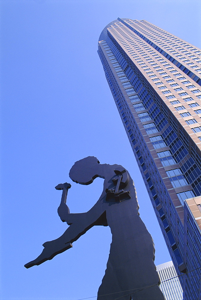 Hammering Man statue and Fair Tower, Frankfurt, Hesse, Germany, Europe