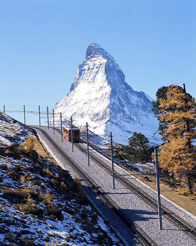 The Matterhorn, 4478m high, and Gornergrat railway, Switzerland, Europe