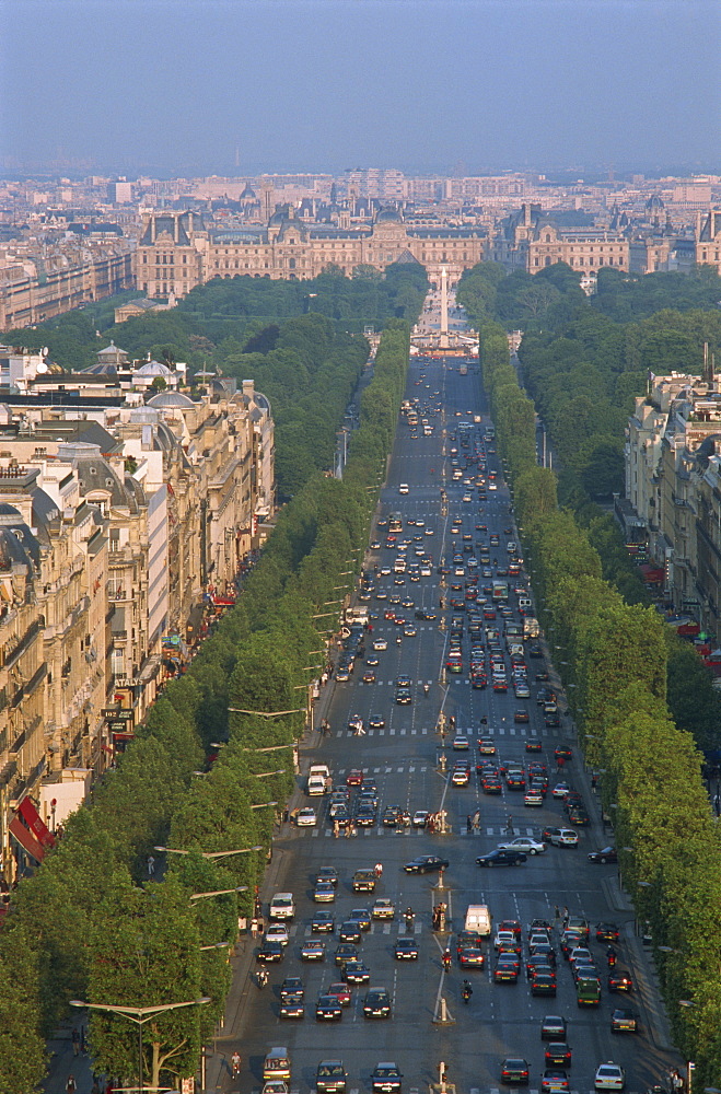 View over the Champs Elysees from the Arc de Triomphe, Paris, France, Europe