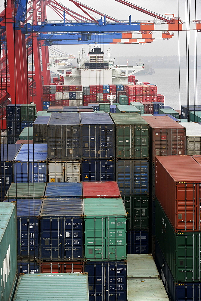 Container ship at container terminal, port of Hamburg, Germany, Europe