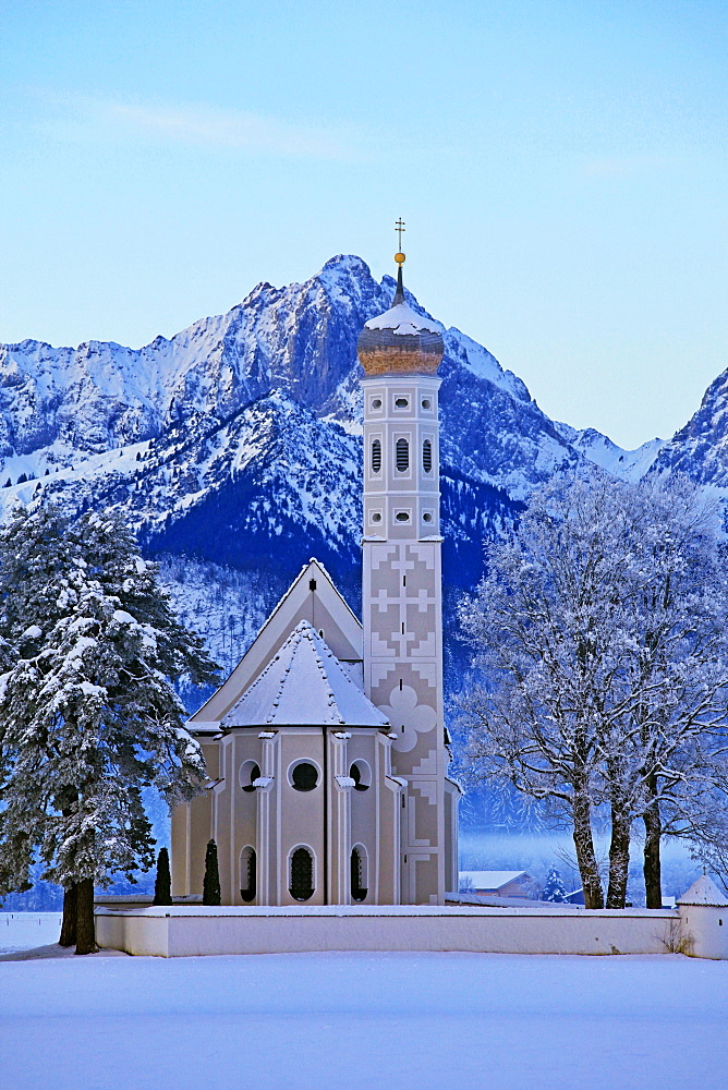 Church of St. Coloman and Tannheimer Alps near Schwangau, Allgau, Bavaria, Germany, Europe