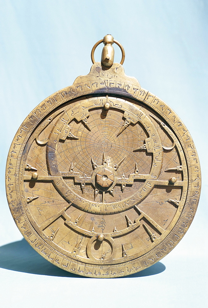 Arabic brass astrolabe dating from 16th century, Damascus Museum, Syria, Middle East