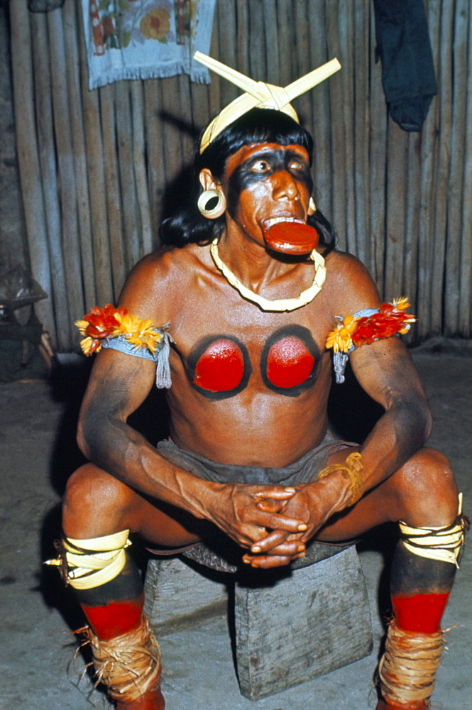 Suya Indian dressed for dance, Brazil, South America (1971)