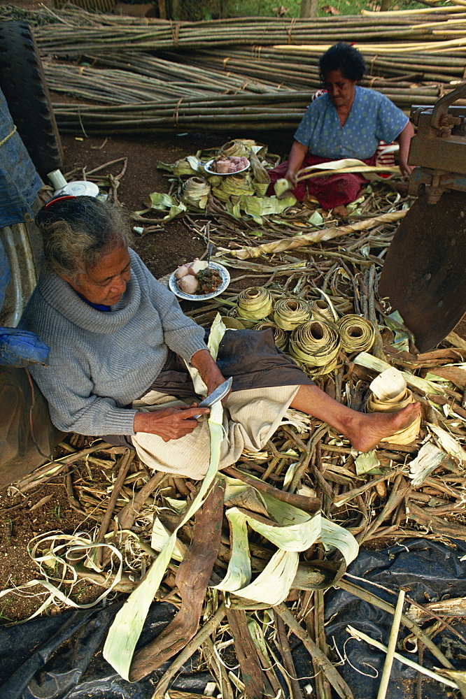 Two women making woven pandanus mats at Haveluloto on the island of Tongatapu, Tonga, Pacific Islands, Pacific