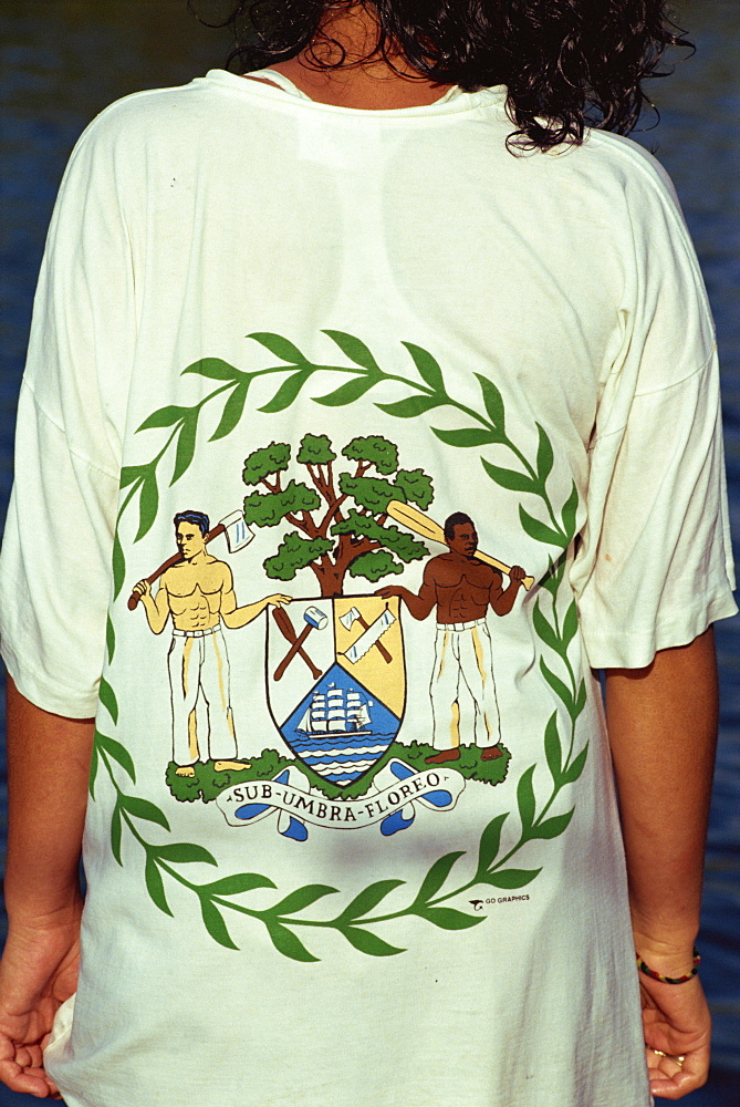 National flag on girl's T-shirt, Orange Walk, Belize, Central America