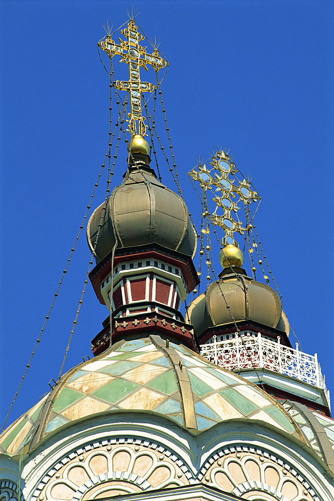 Close-up of domes and crosses on top of the Zenkov Cathedral, built of wood but no nails in 1904, at Almaty, Kazakhstan, Central Asia, Asia