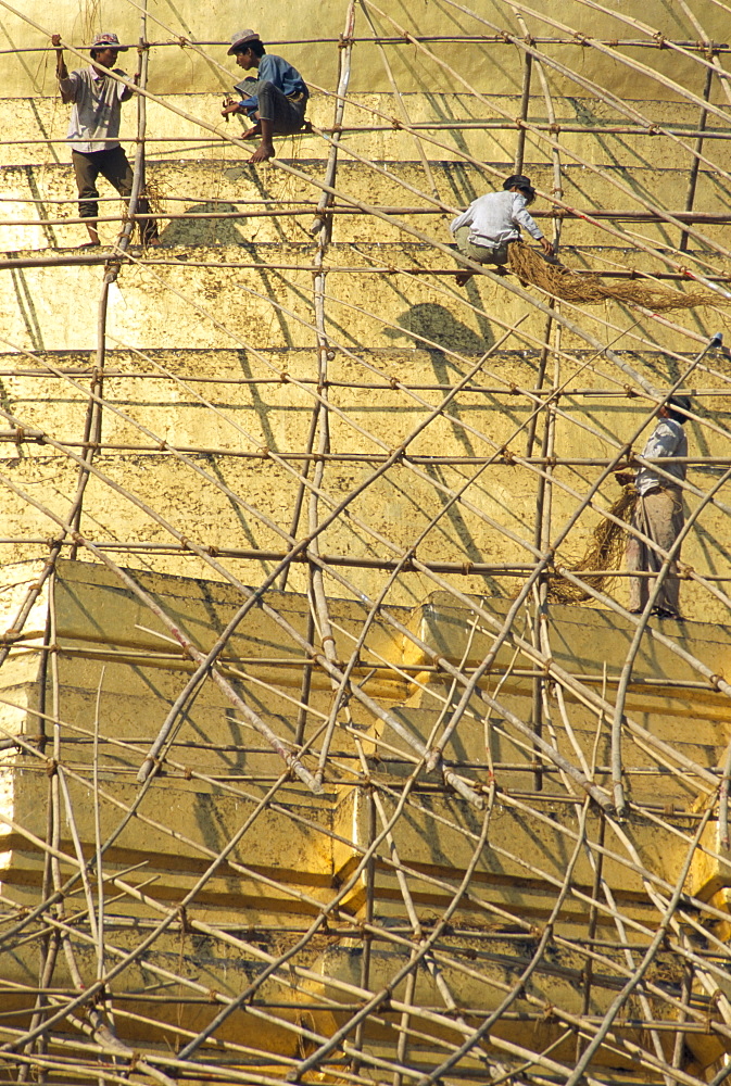 Workers on bamboo scaffolding applying fresh gold leaf to the Shwedagon Pagoda, Yangon (Rangoon), Myanmar (Burma), Asia