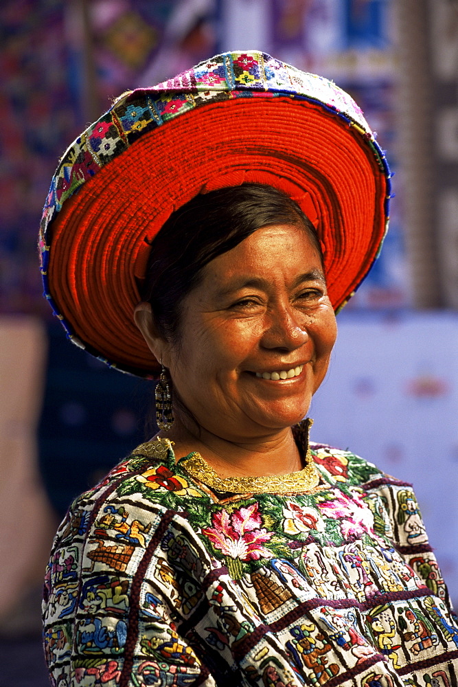 Woman in traditional dress, as profiled on 25 cent coin, Santiago Atitlan, Guatemala, Central America