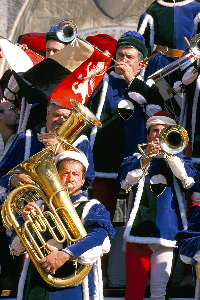 Musicians playing, Palio horse race, Siena, Tuscany, Italy, Europe