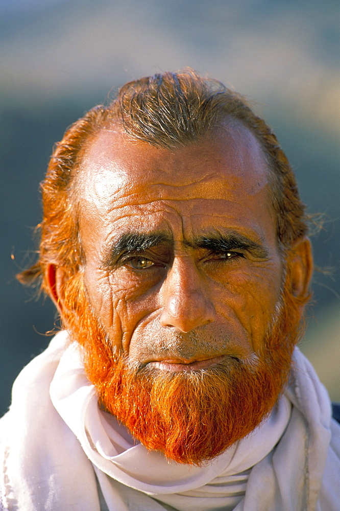 Portrait of a Pathan man with hennaed beard, Khyber Pass, Pakistan, Asia