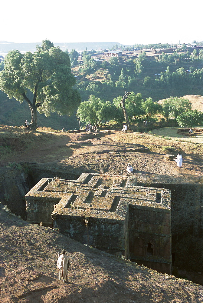 Sunken, rock-hewn Christian church, in rural landscape, Lalibela, UNESCO World Heritage Site, Ethiopia, Africa