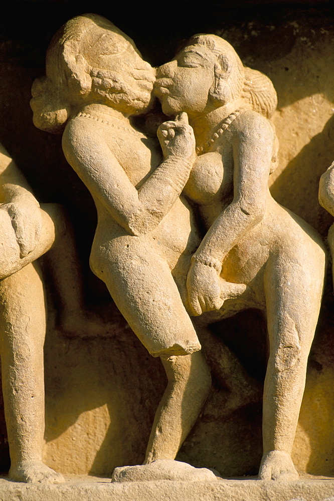 Erotic sculpture, temple detail, Khajuraho, UNESCO World Heritage Site, India, Asia