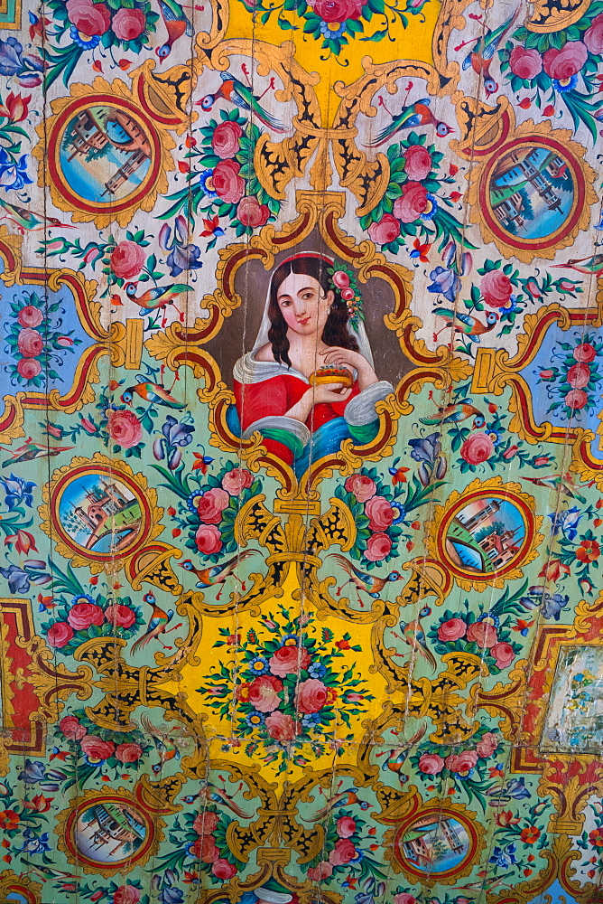 Painted woodwork on the ceiling, Pavilion, Bagh-e Narajestan (Citrus Garden), Shiraz, Iran, Middle East