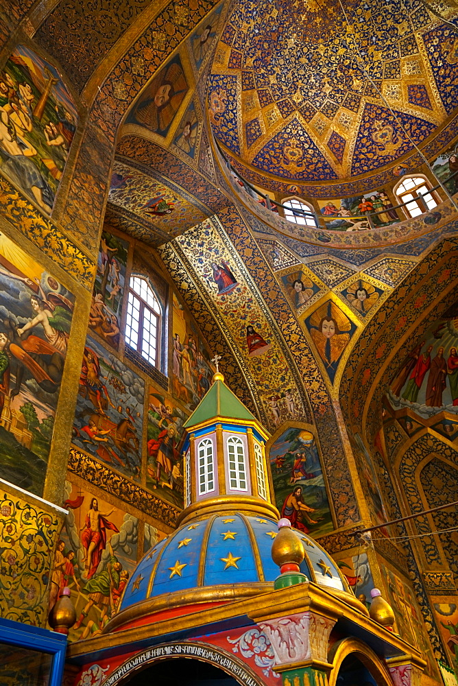 Interior of dome of Vank (Armenian) Cathedral with Archbishop's throne in foreground, Isfahan, Iran, Middle East