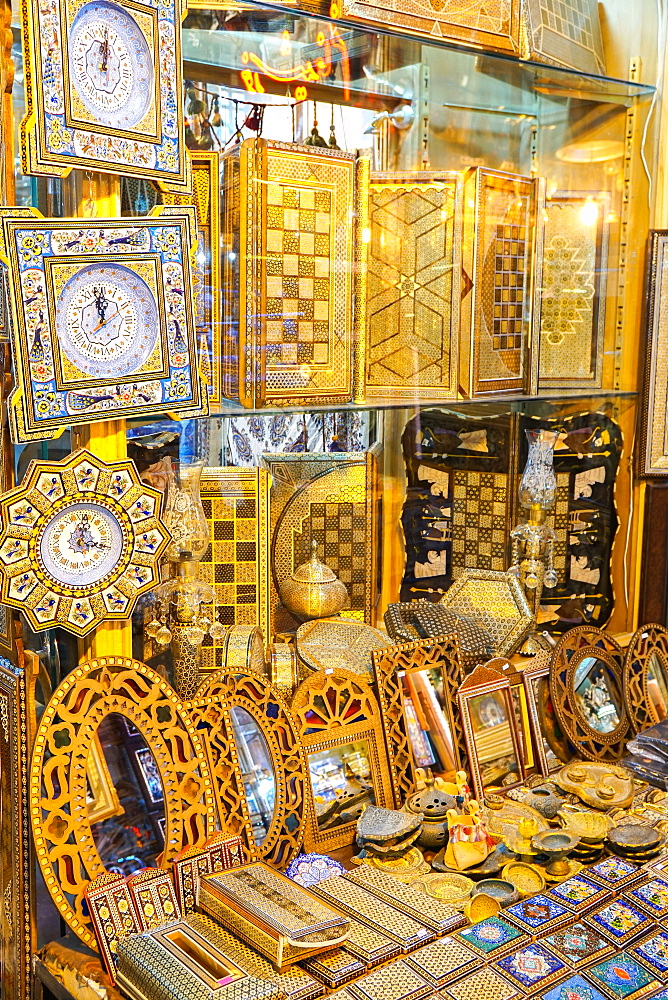 Wooden boxes and clocks for sale, Grand Bazaar, Isfahan, Iran, Middle East