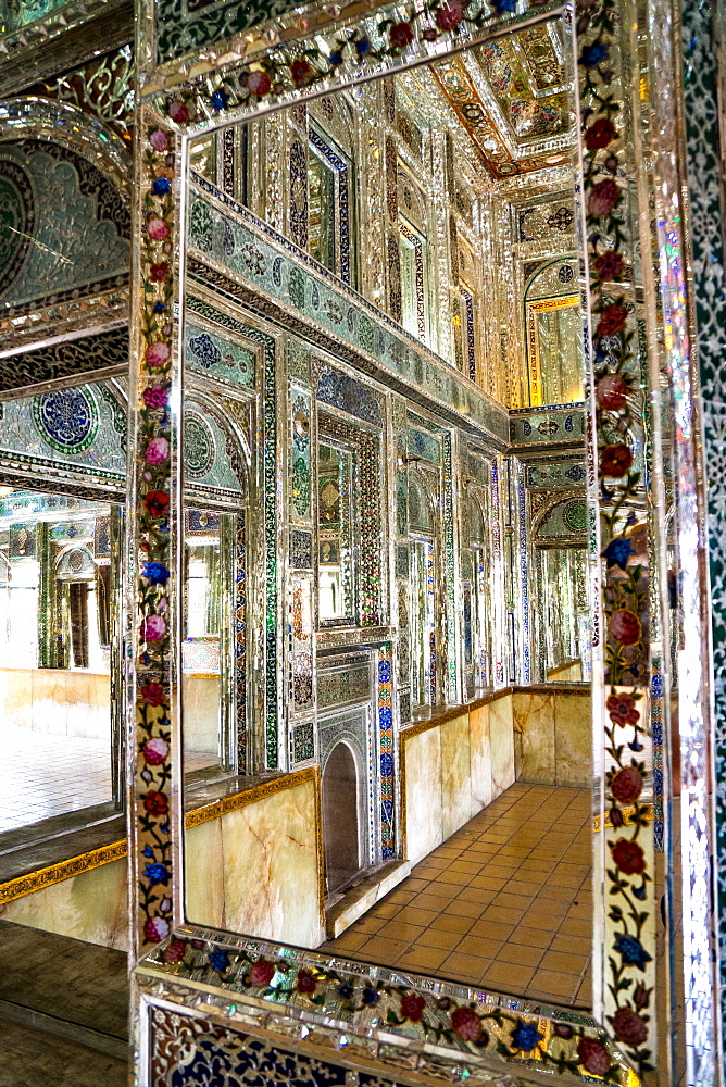 Reflections in mirrored reception hall, Khan-e Zinat al-Molk, Qavam al-Molk family's private quarters, Shiraz, Iran, Middle East