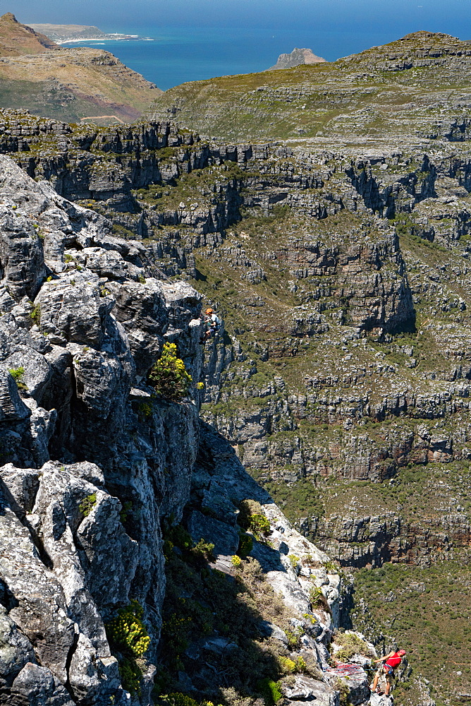 Two climbers descending from the top of Table Mountain, Cape Town, South Africa, Africa