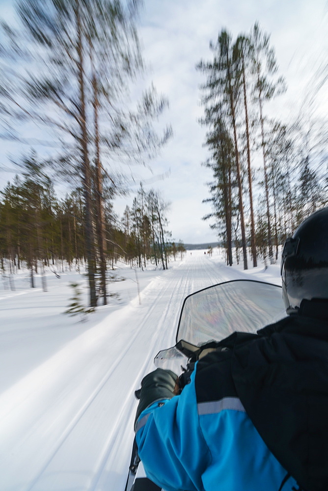 Senior woman traveler on snowmobile, speeding through the blurred trees, Torassieppi, Lapland, Northern Finland, Europe