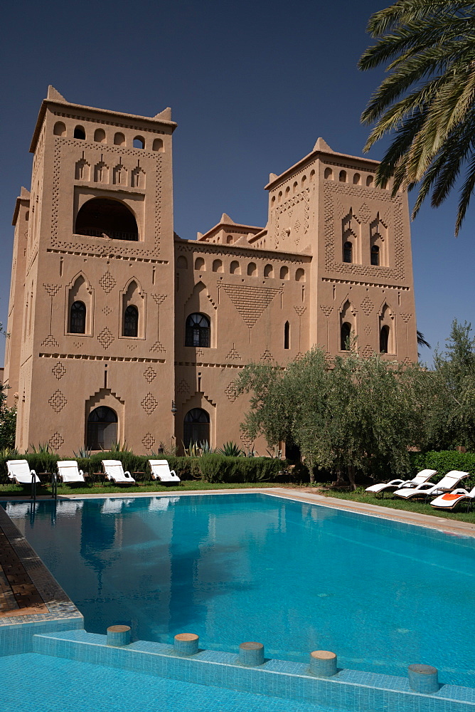 Swimming pool at Ksar El Kabbaba, former kasbah (grand fortified house), now a hotel, Skoura, Morocco, North Africa, Africa