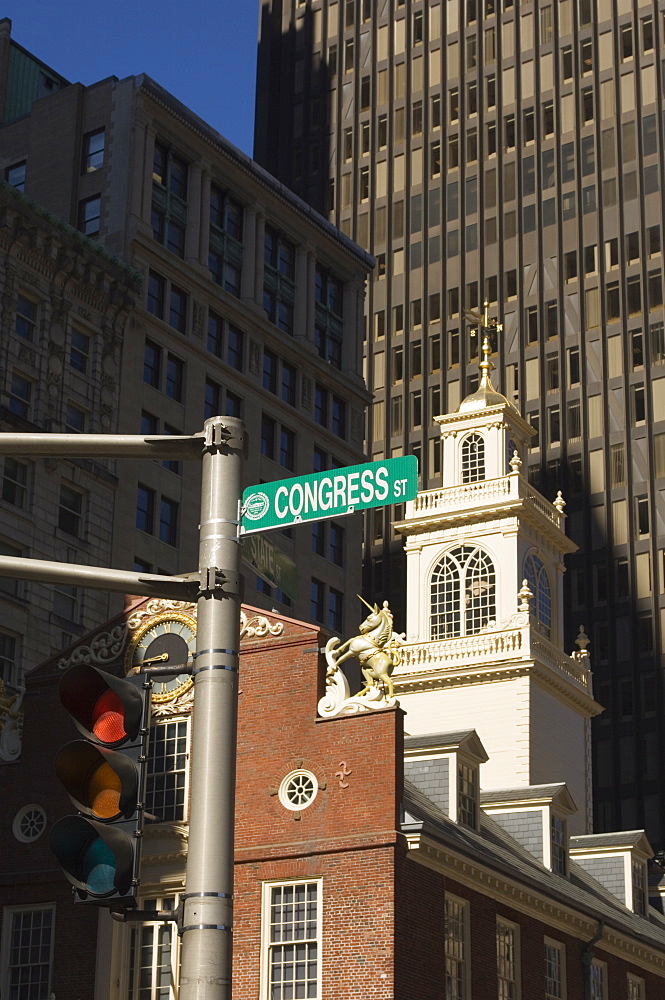 The Old State House, 1713, now surrounded by modern towers in the Financial District, Boston, Massachusetts, USA