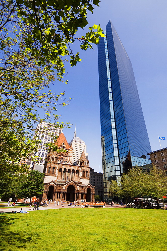 Trinity Church and the John Hancock Tower, Copley Square, Boston, Massachusetts, USA