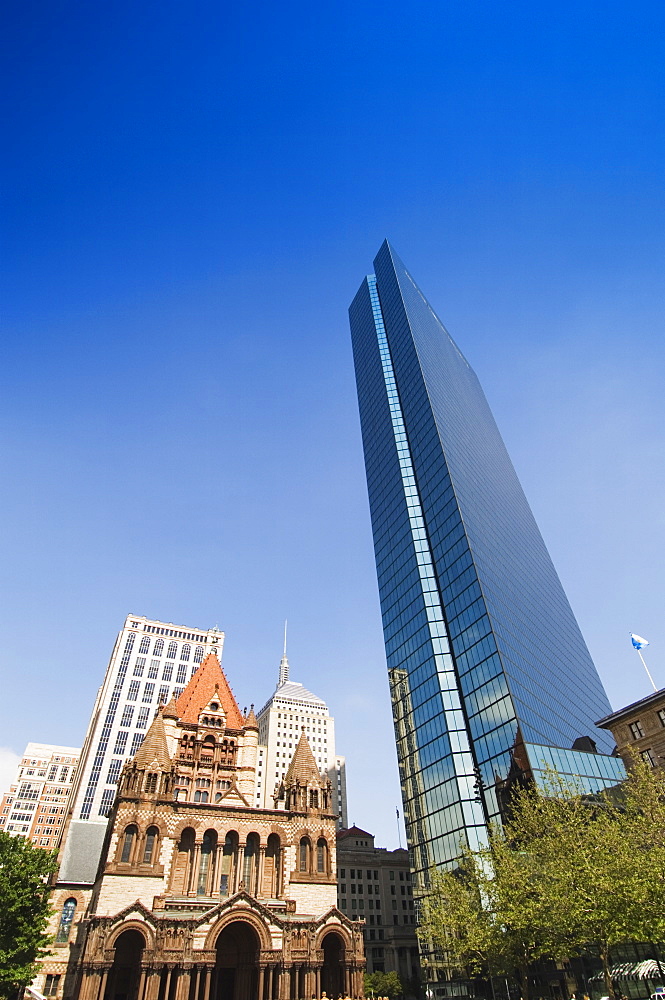 Trinity Church and the John Hancock Tower, Copley Square, Boston, Massachusetts, USA