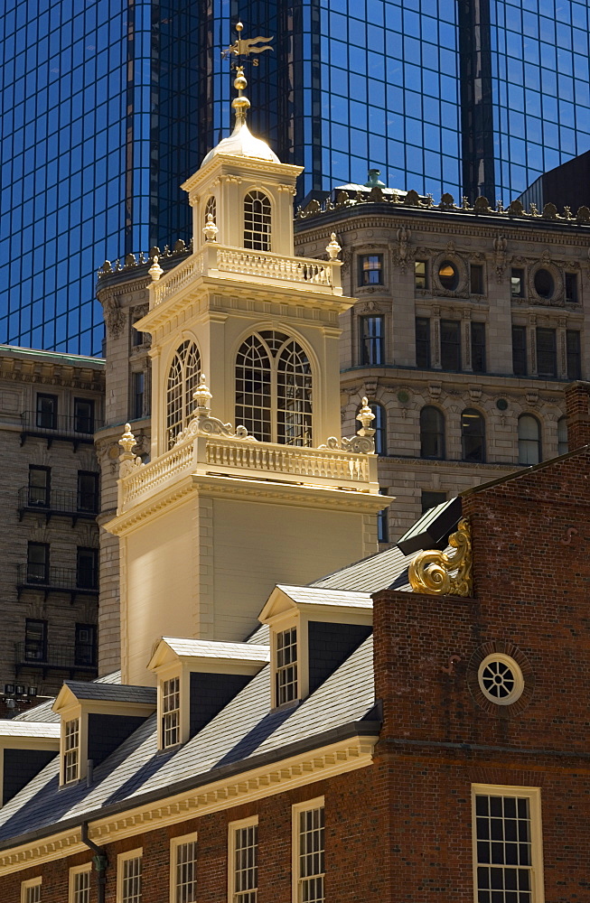 The Old State House, 1713, now surrounded by modern towers in the Financial District, Boston, Massachusetts, USA