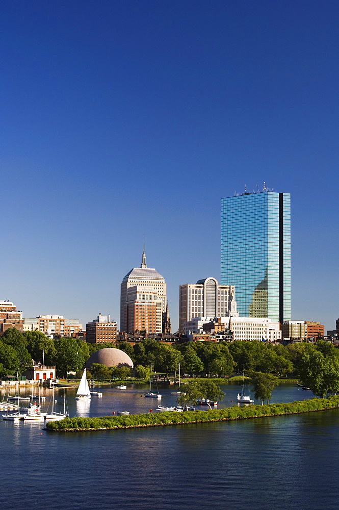 The John Hancock Tower and city skyline across the Charles River, Boston, Massachusetts, New England, United States of America, North America