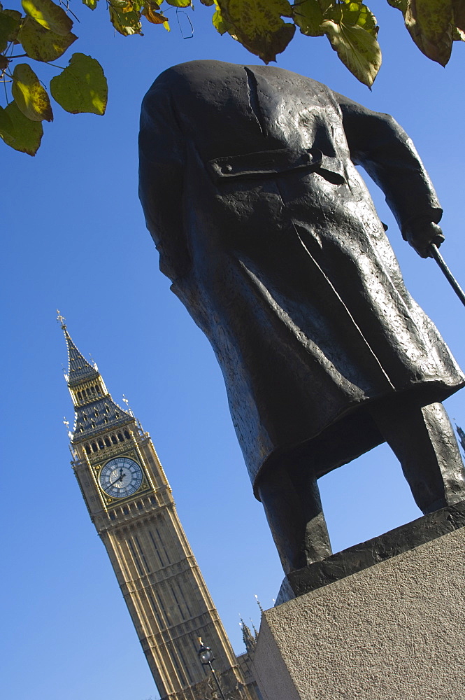 Big Ben and the Sir Winston Churchill statue, Westminster, London, England, United Kingdom, Europe