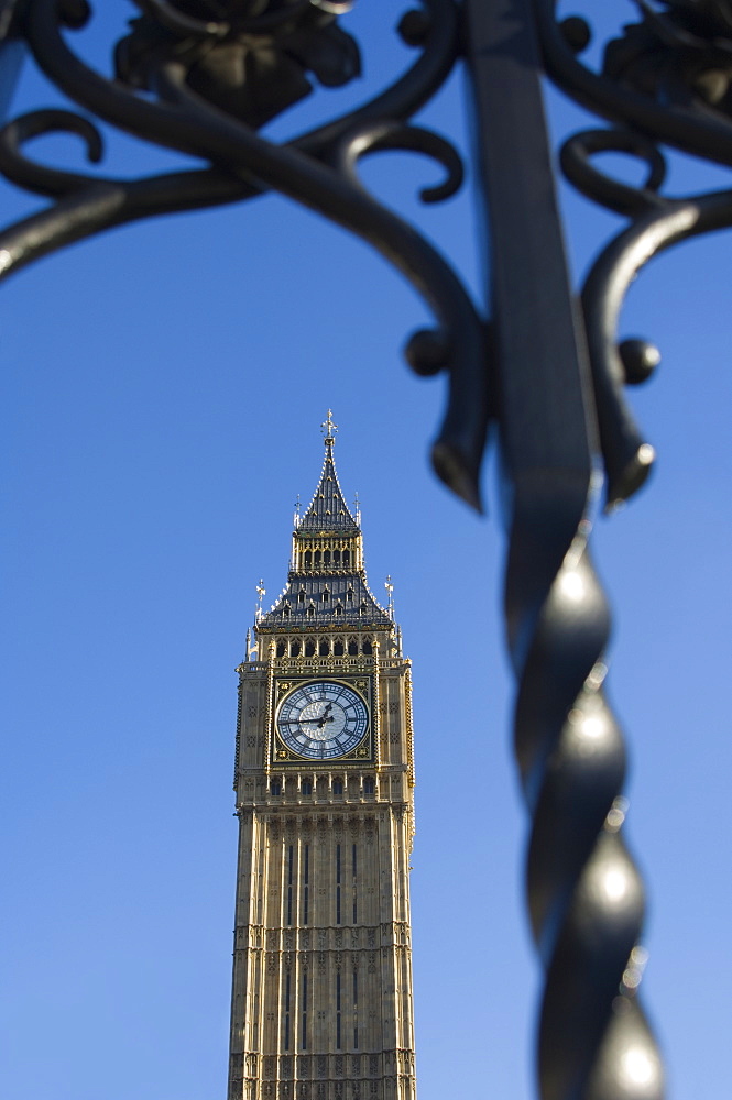 Big Ben through iron gates, Houses of Parliament, Westminster, London, England, United Kingdom, Europe