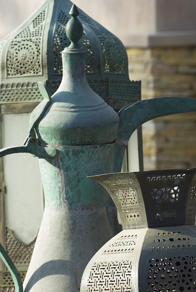 Old Arabian coffee pot and jars, Dubai, United Arab Emirates, Middle East