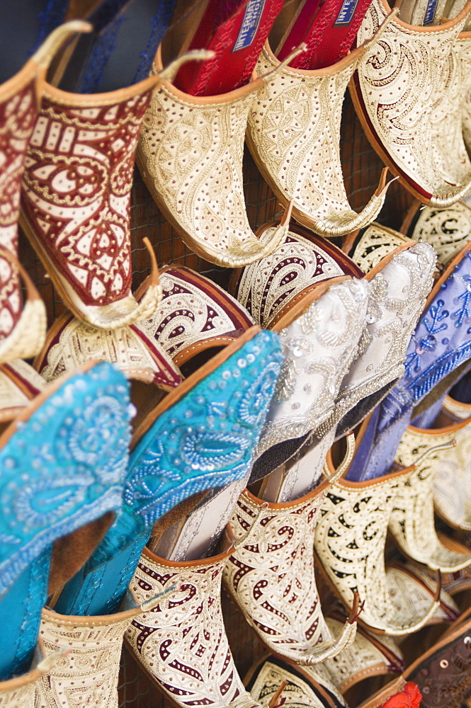 Curly toed slippers for sale in Bur Dubai Souk, Dubai, United Arab Emirates, Middle East